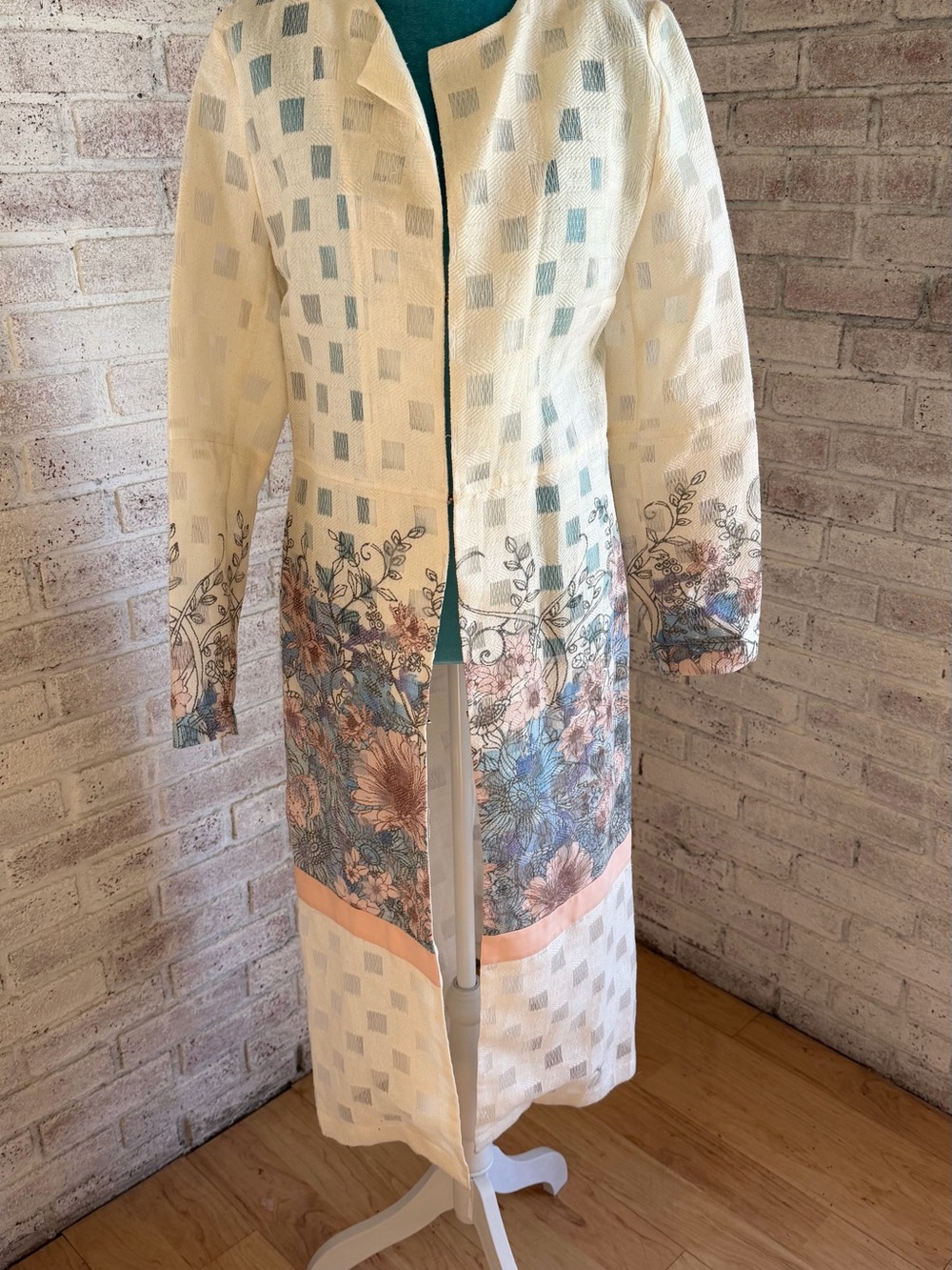 Cream Floral Border Long Coat with Pastel Accents